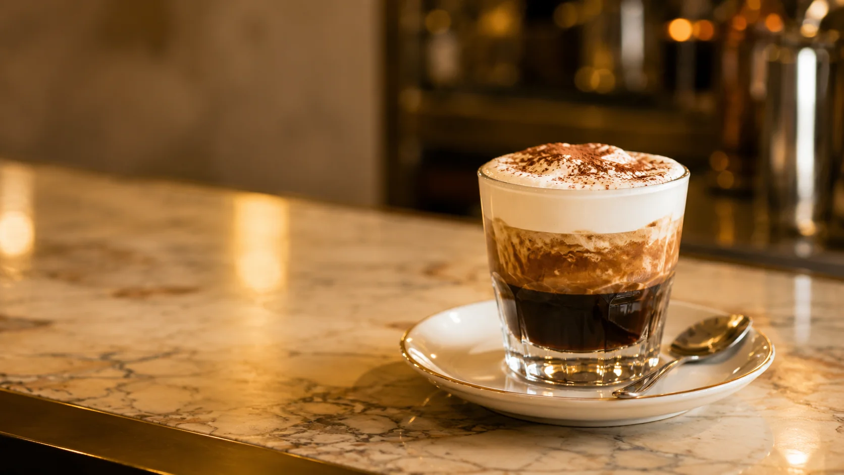 Caffe marocchino in a small glass with cocoa powder, dark espresso, milk foam, and cocoa dusting