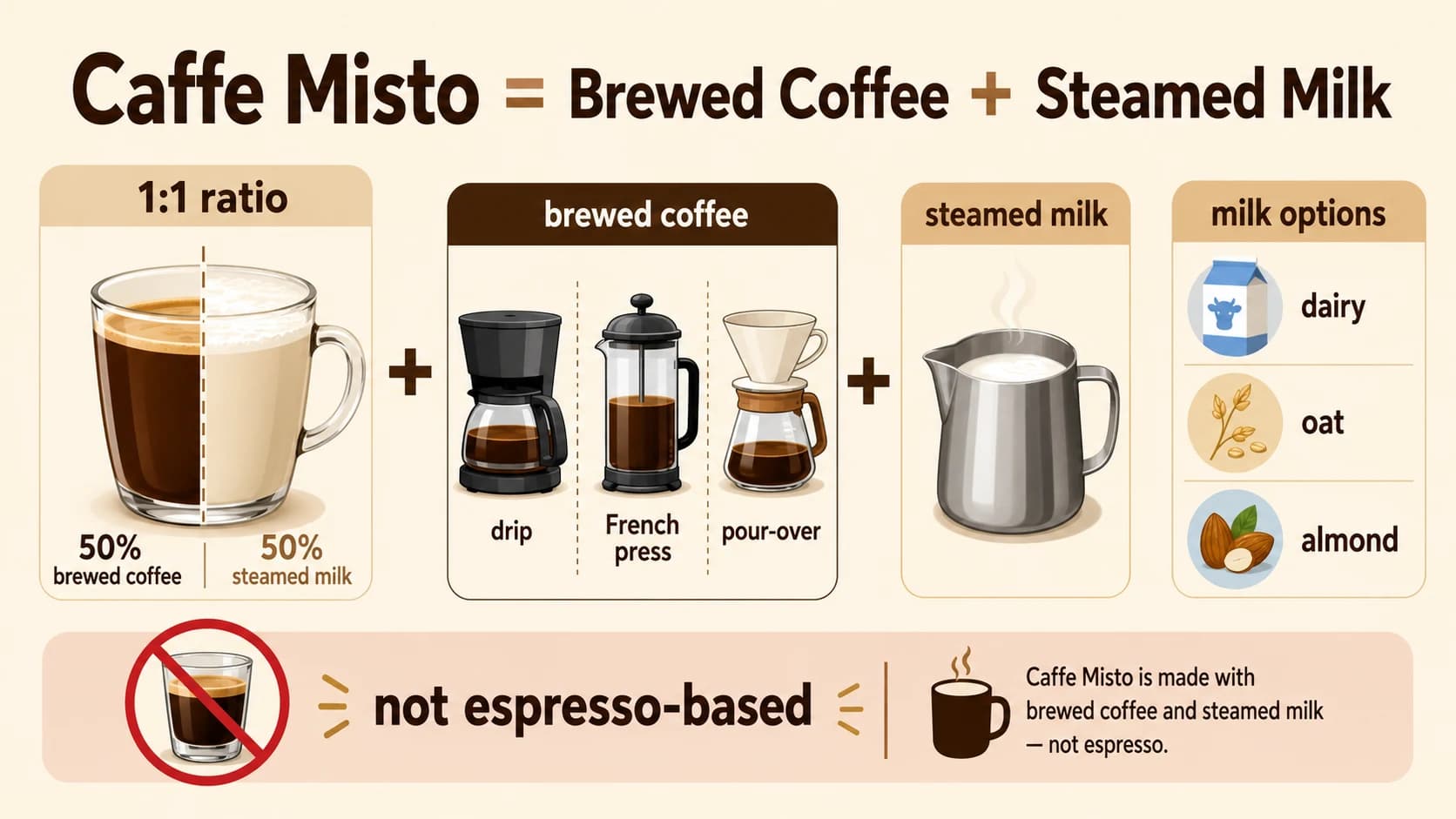 Caffe misto infographic explaining a one to one mix of brewed coffee and steamed milk