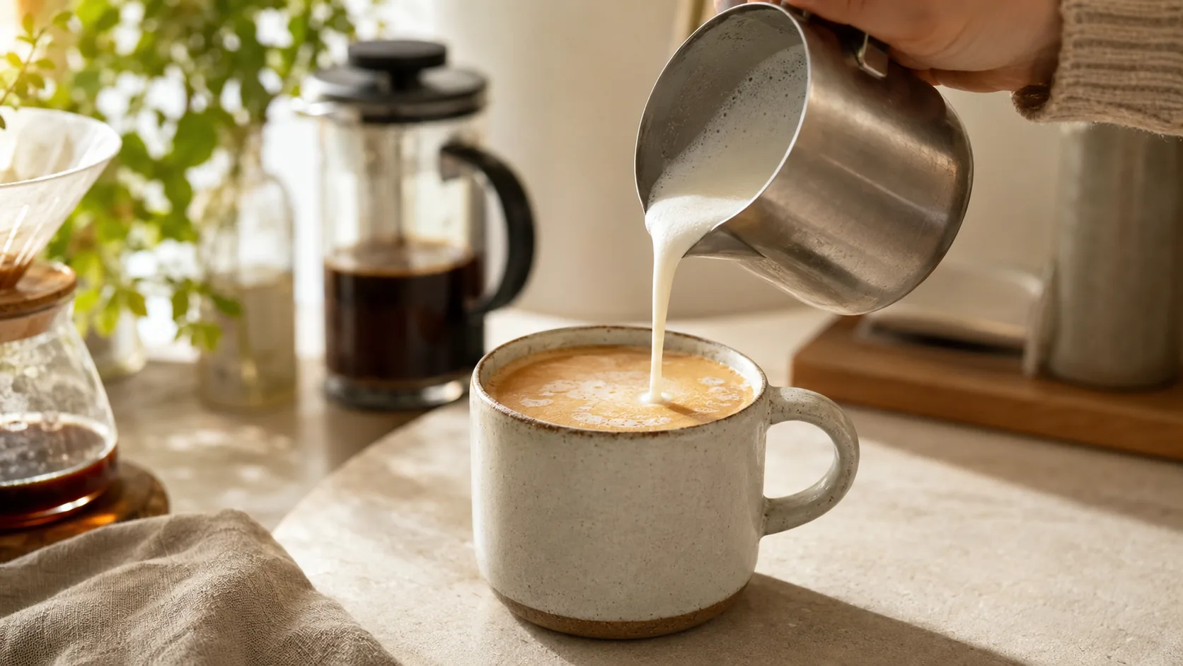 Steamed milk being poured into brewed coffee for a caffe misto