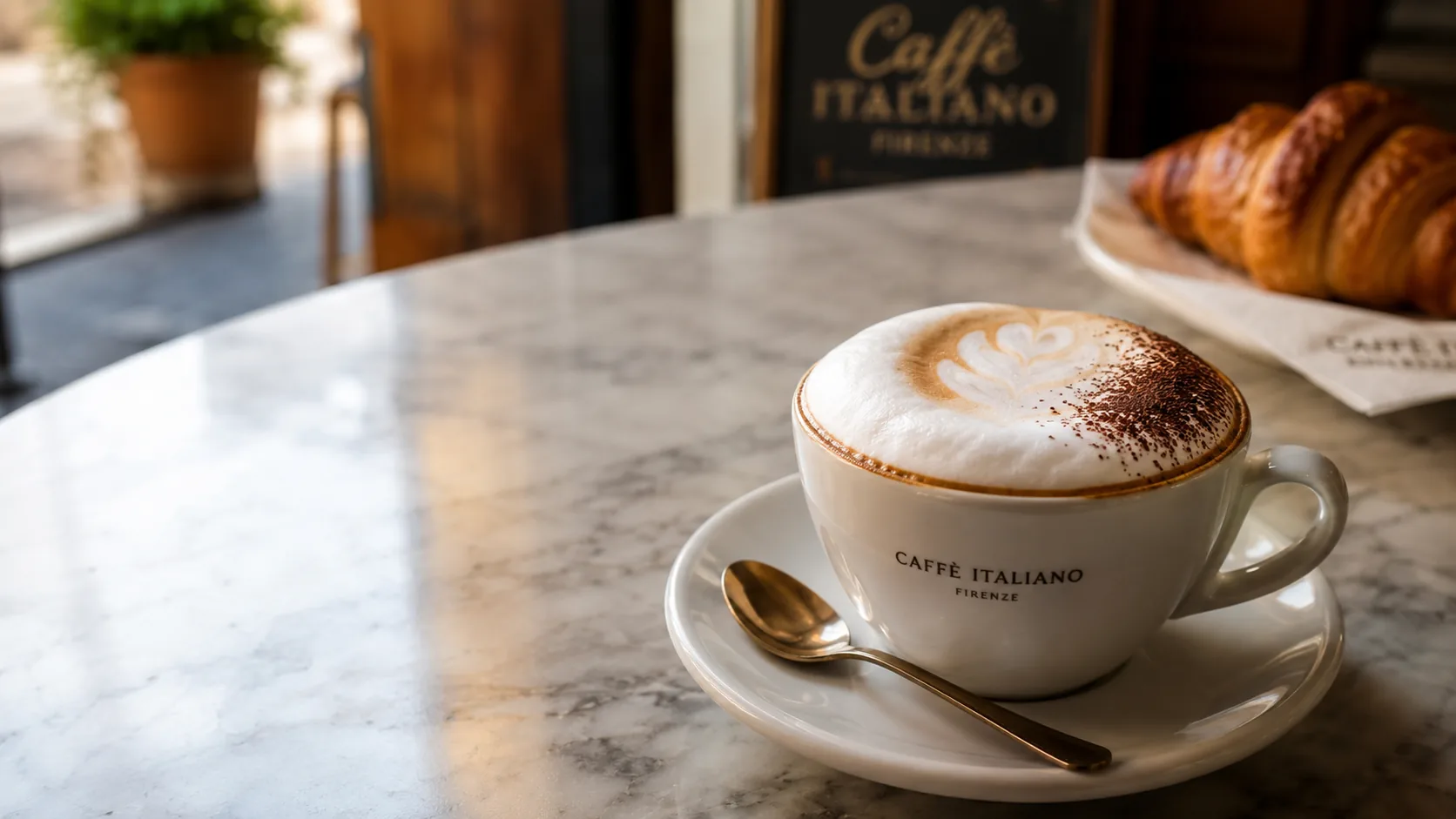 Cappuccino with thick milk foam and cocoa beside a croissant on an Italian cafe counter