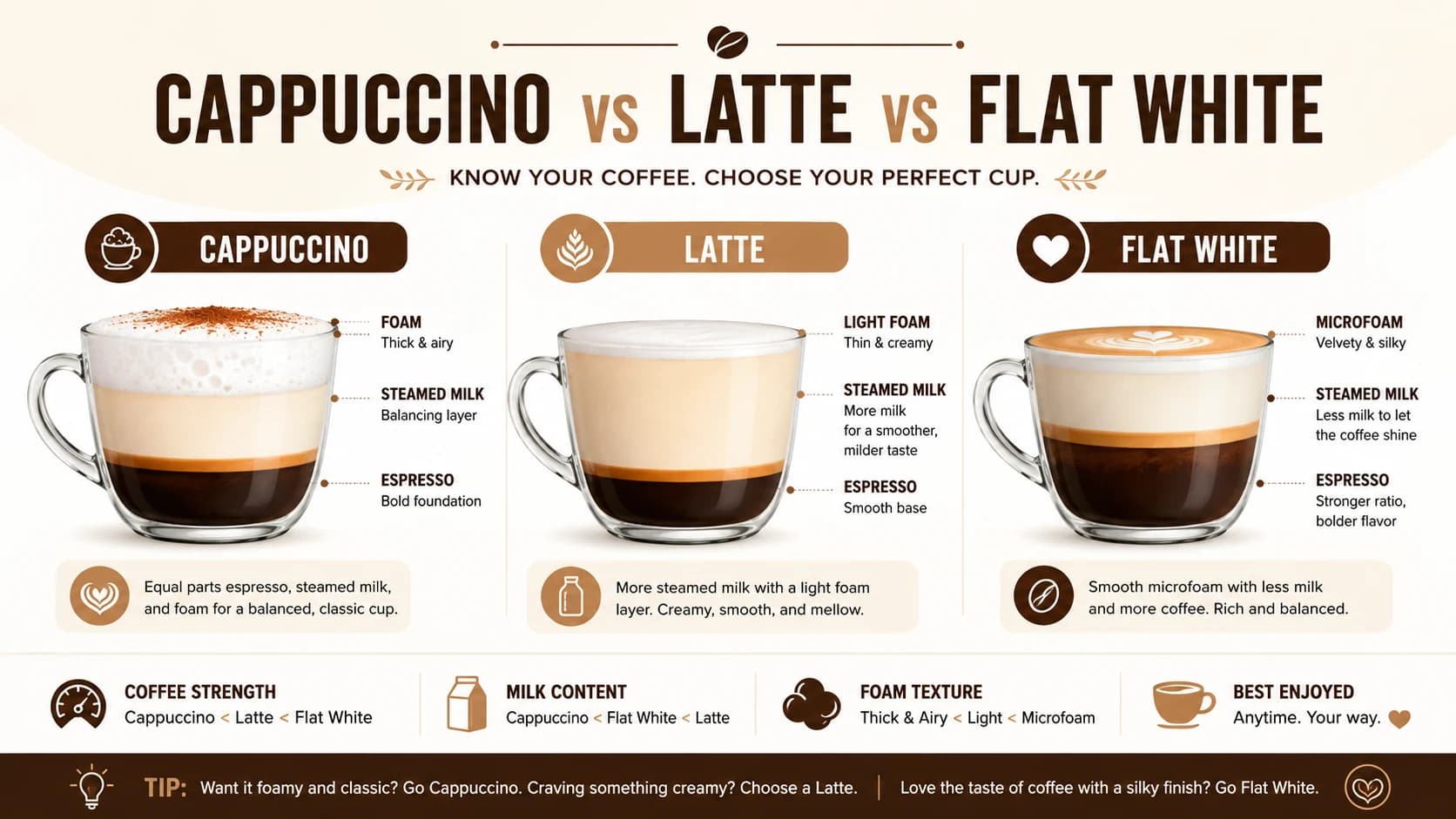 Cappuccino vs latte vs flat white infographic comparing espresso layers, steamed milk, foam texture, and coffee strength