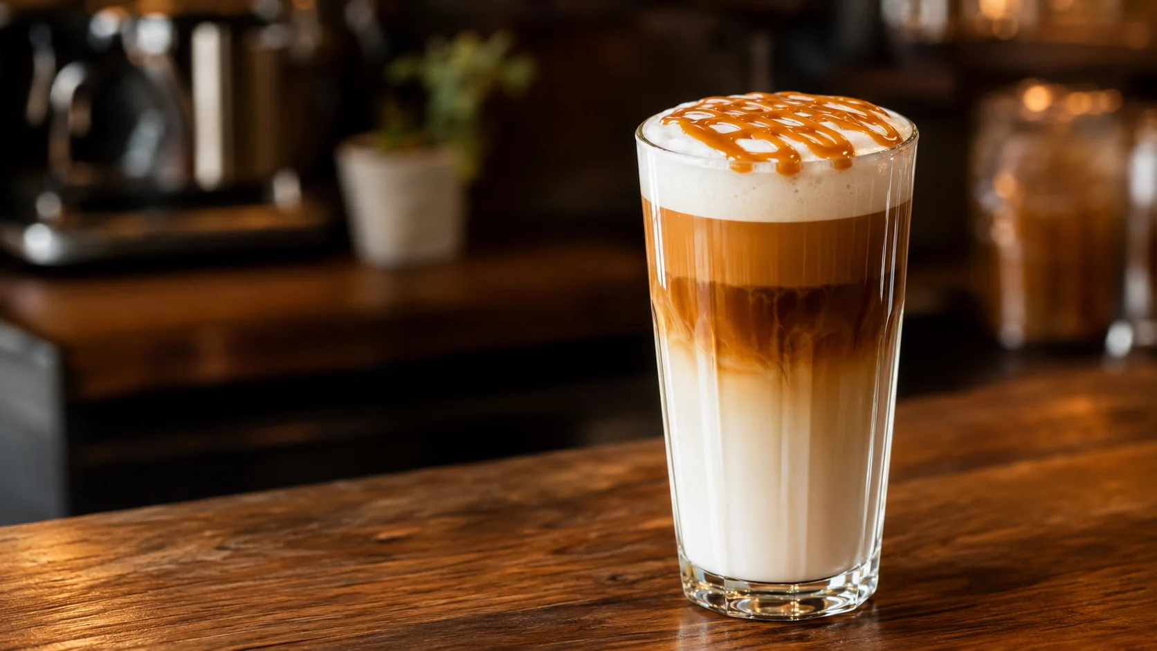 Caramel macchiato with layered steamed milk, espresso, microfoam, and caramel drizzle in a tall glass
