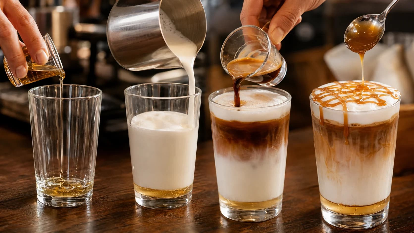 Caramel macchiato preparation with vanilla milk, espresso poured over the top, and caramel drizzle