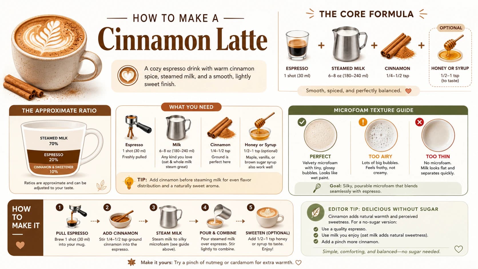 Cinnamon latte ingredient guide with espresso, steamed milk and measured ground cinnamon