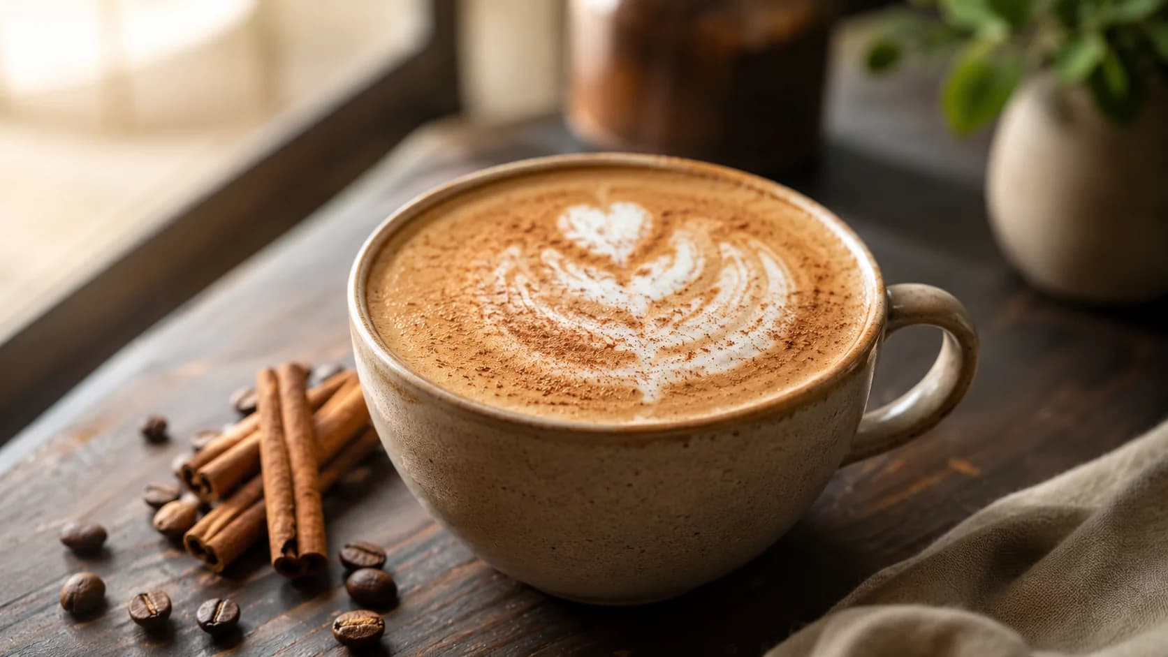 Cinnamon latte with steamed milk, latte art and cinnamon sticks beside the cup