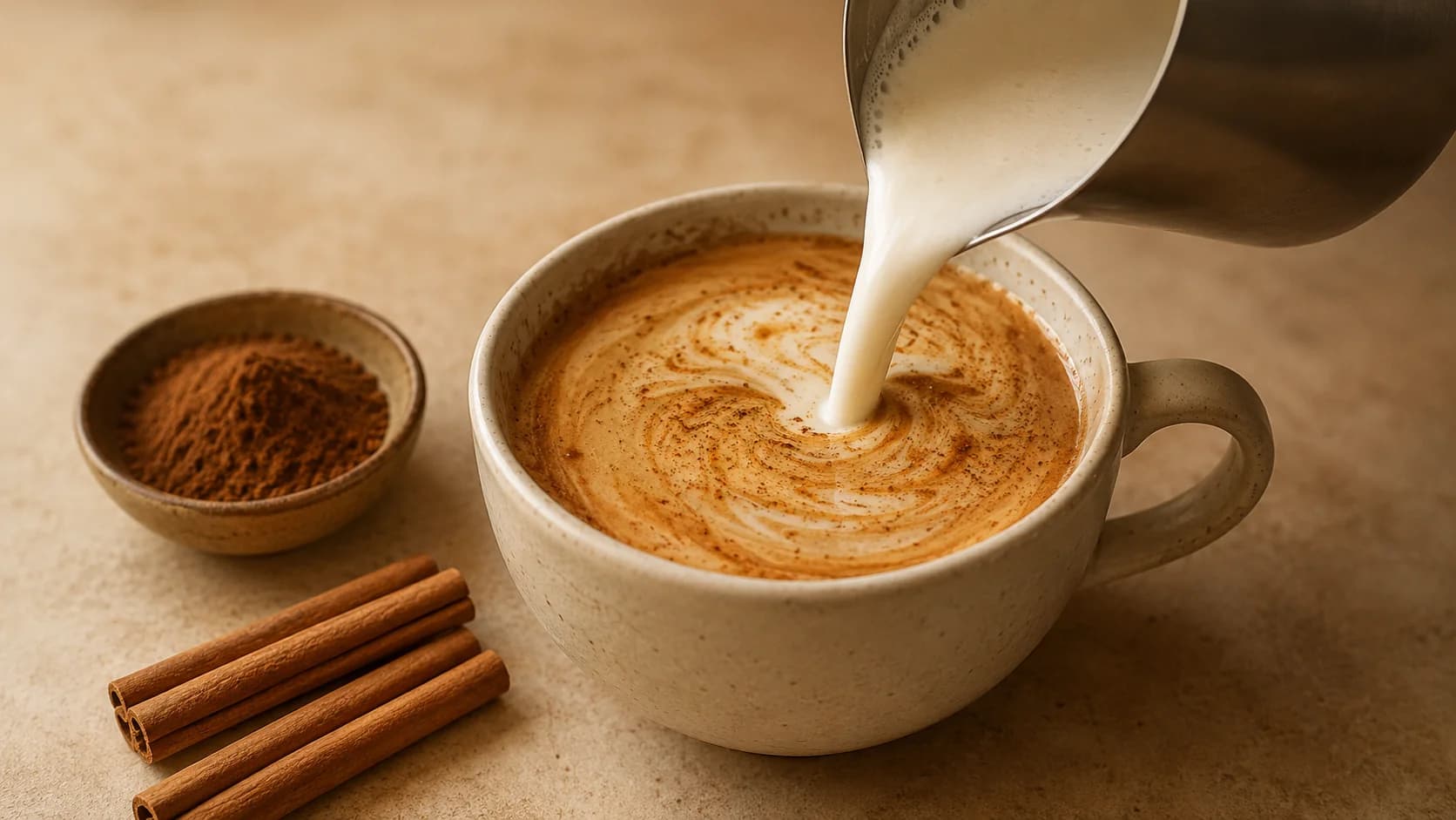 Steamed milk being poured into espresso mixed with ground cinnamon
