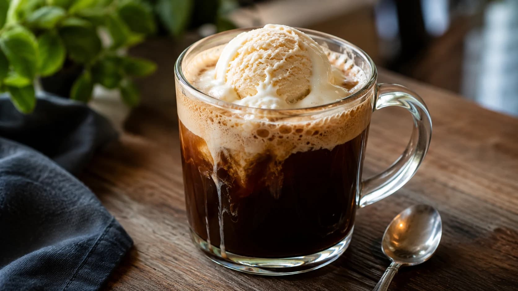 Vanilla ice cream floating in dark coffee with a spoon beside the glass