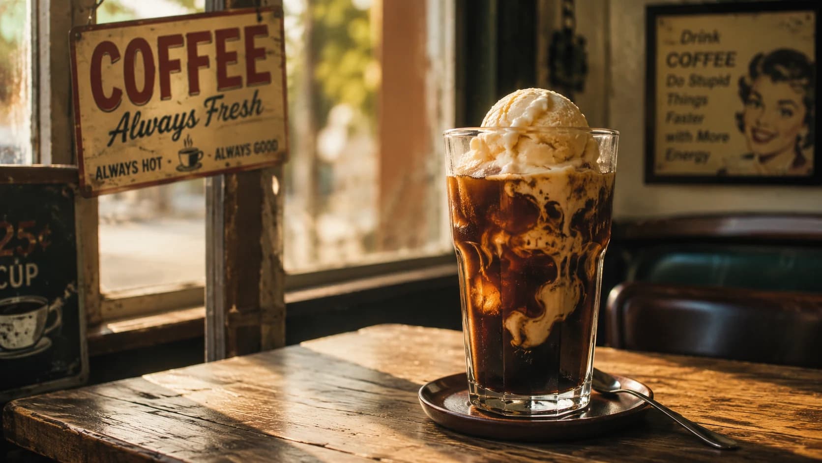 Coffee float topped with vanilla ice cream and whipped cream in a retro diner