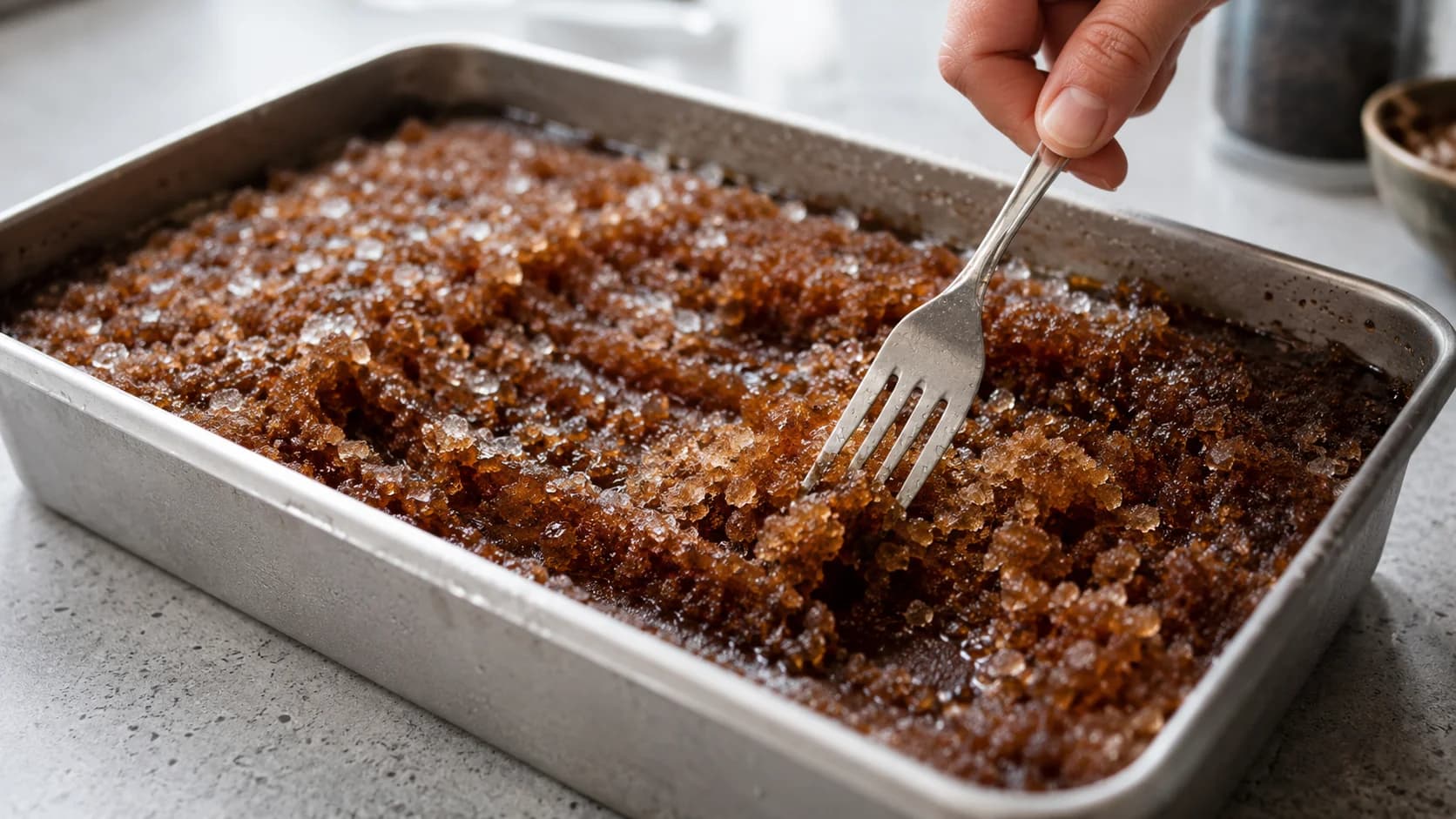 Plain coffee granita crystals being scraped in a shallow metal tray