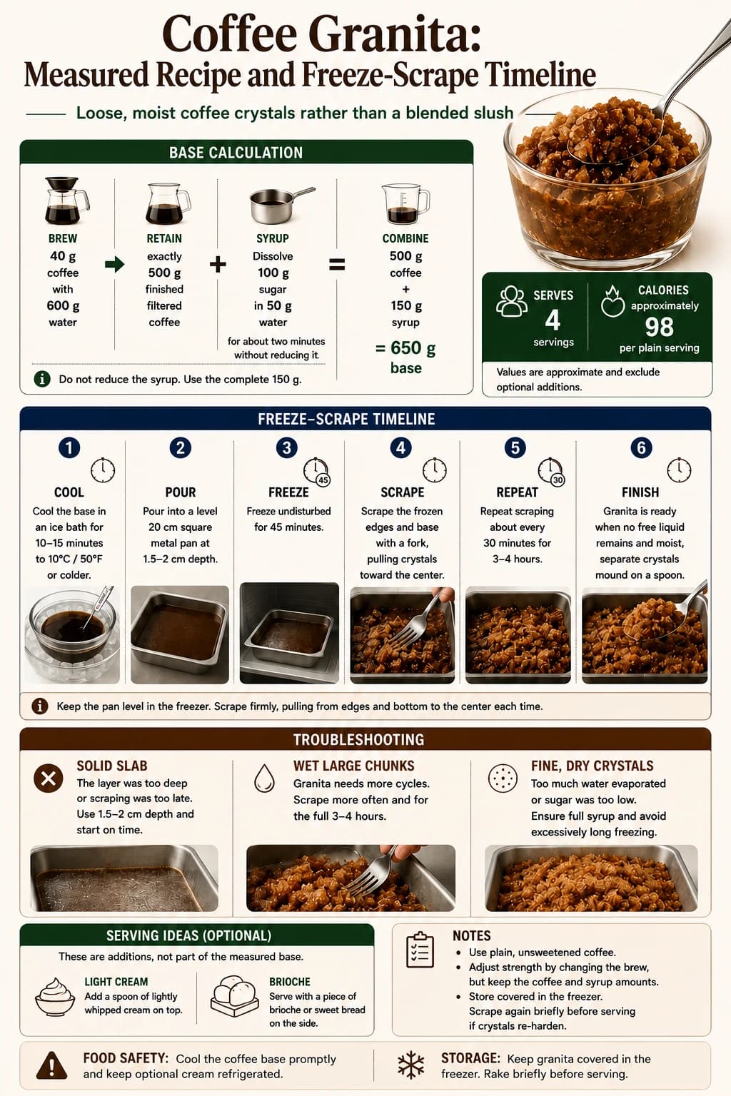Coffee granita recipe showing measured ingredients, freeze-and-scrape timeline, troubleshooting, and serving ideas