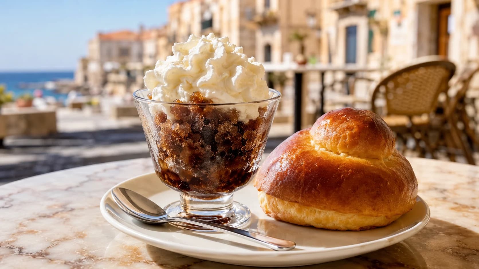 Sicilian coffee granita served with whipped cream and brioche at an outdoor cafe