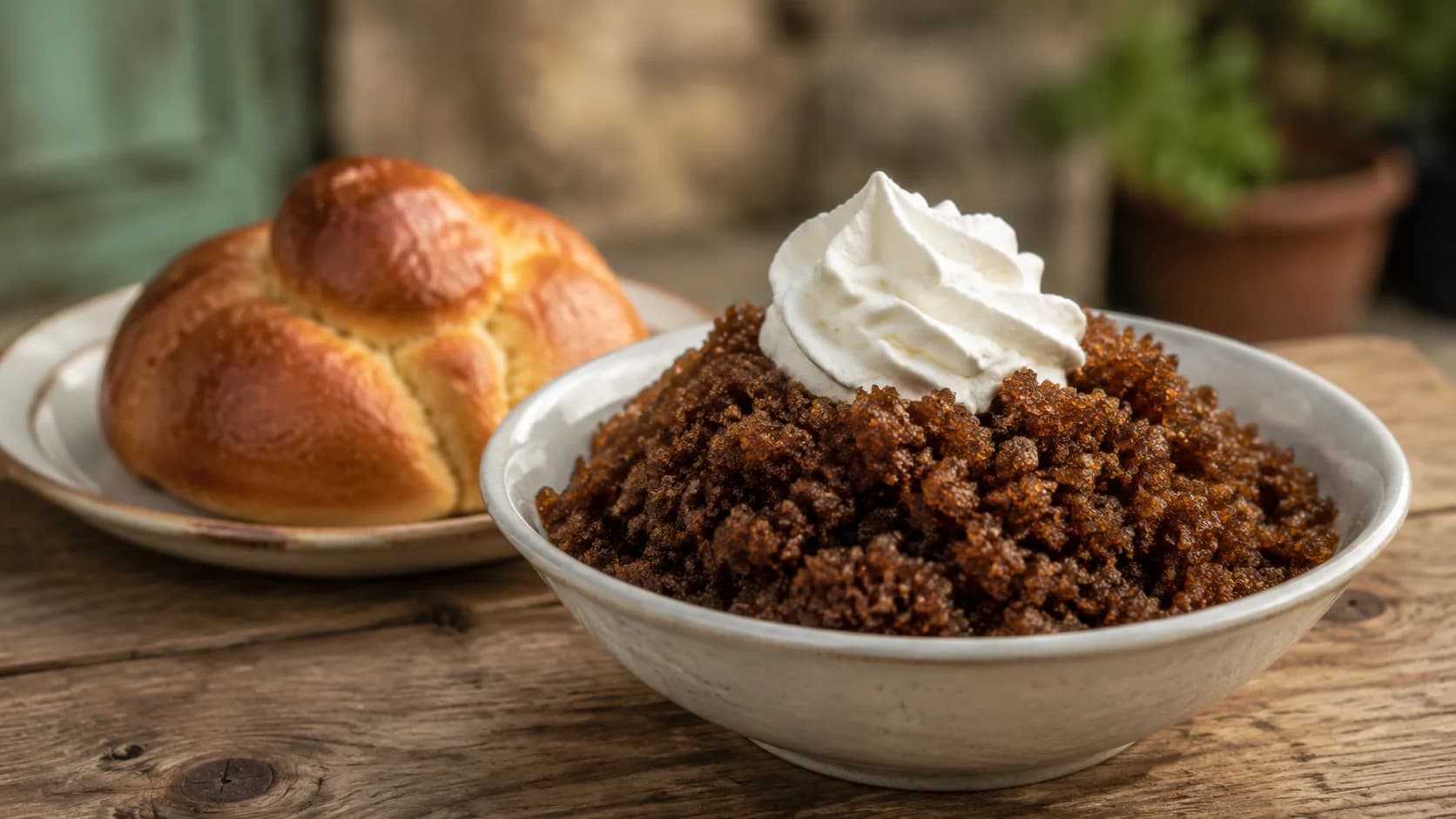 Coffee granita served with whipped cream and brioche at a Sicilian cafe