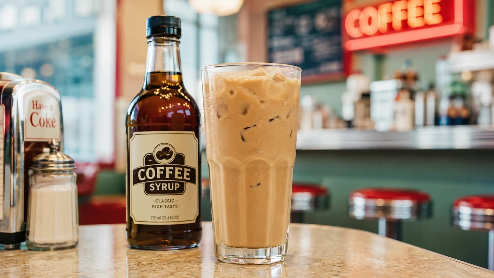 Iced Rhode Island coffee milk served beside a bottle of coffee syrup in a diner