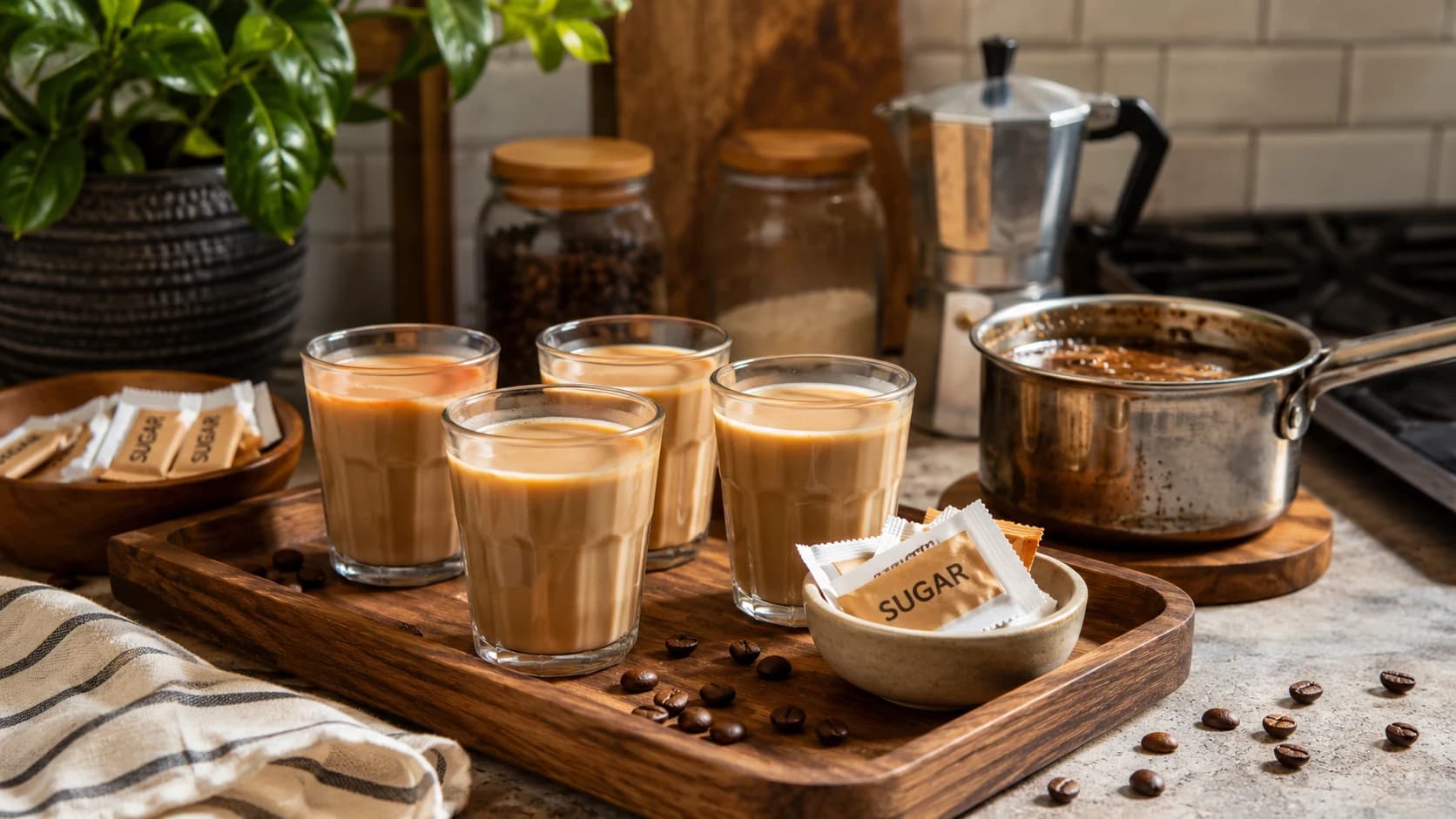 Four glasses of Rhode Island coffee milk on a wooden serving tray
