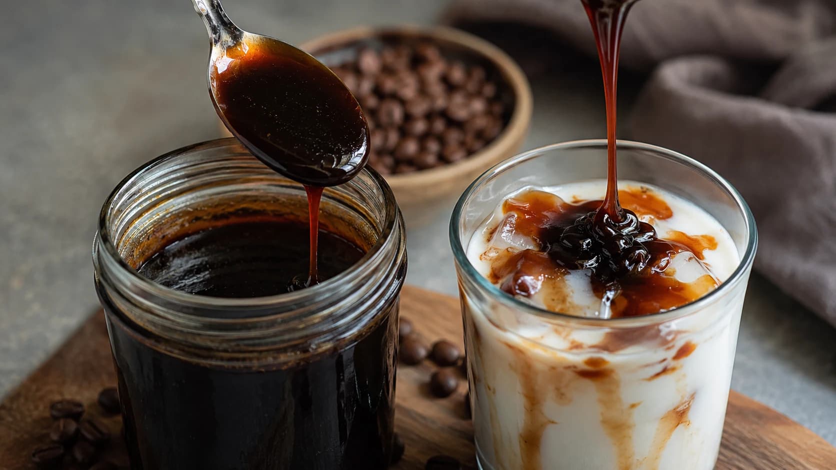 Thick homemade coffee syrup being spooned into a glass of cold milk
