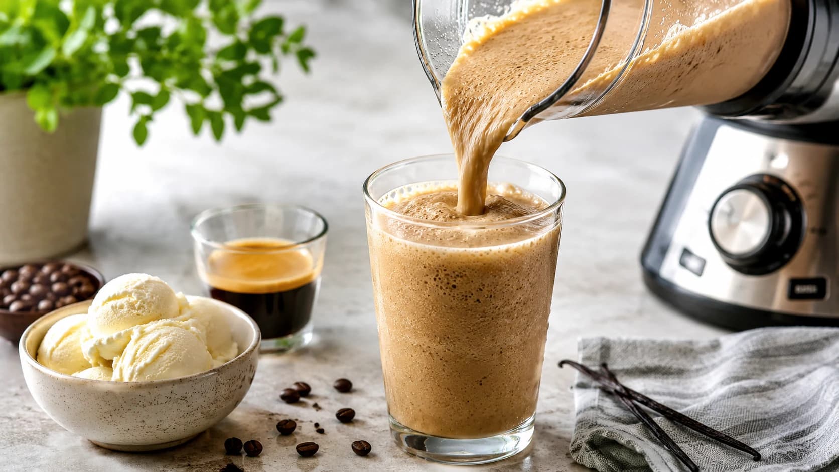 Coffee milkshake poured from a blender beside espresso and vanilla ice cream
