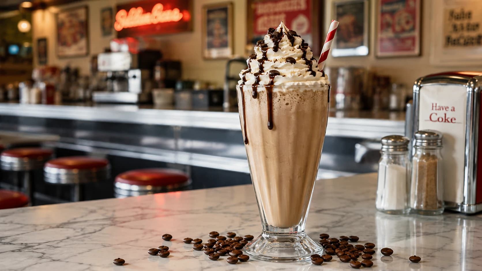 Coffee milkshake topped with whipped cream and chocolate sauce on a retro diner counter