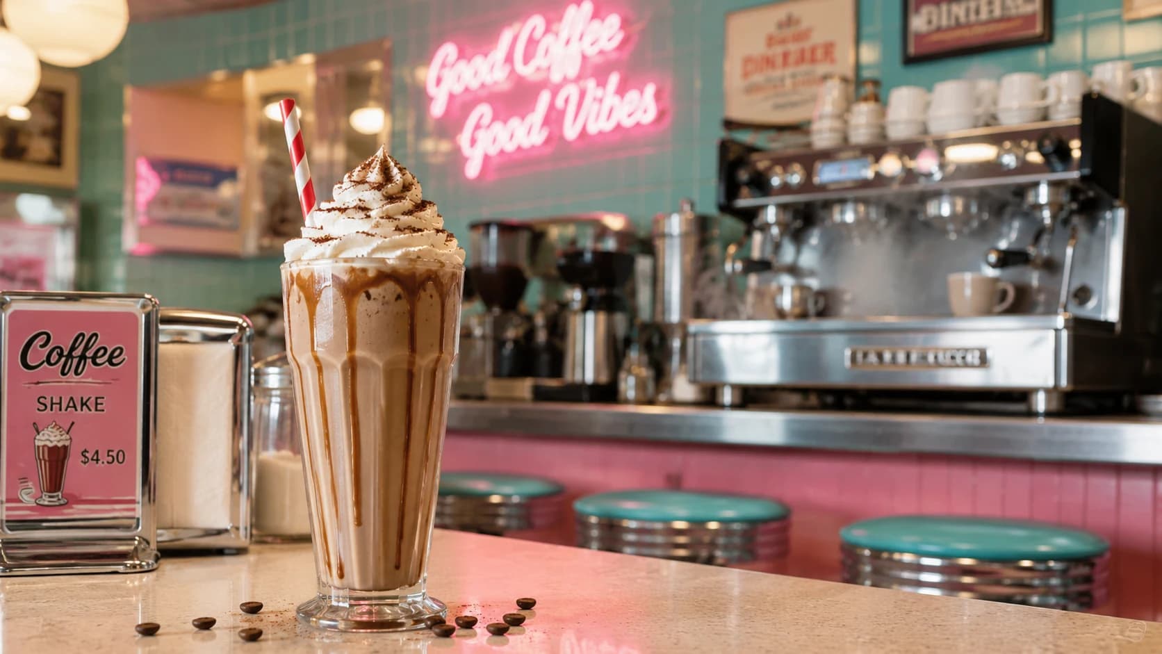 Whipped cream-topped coffee milkshake served on a pink retro diner counter