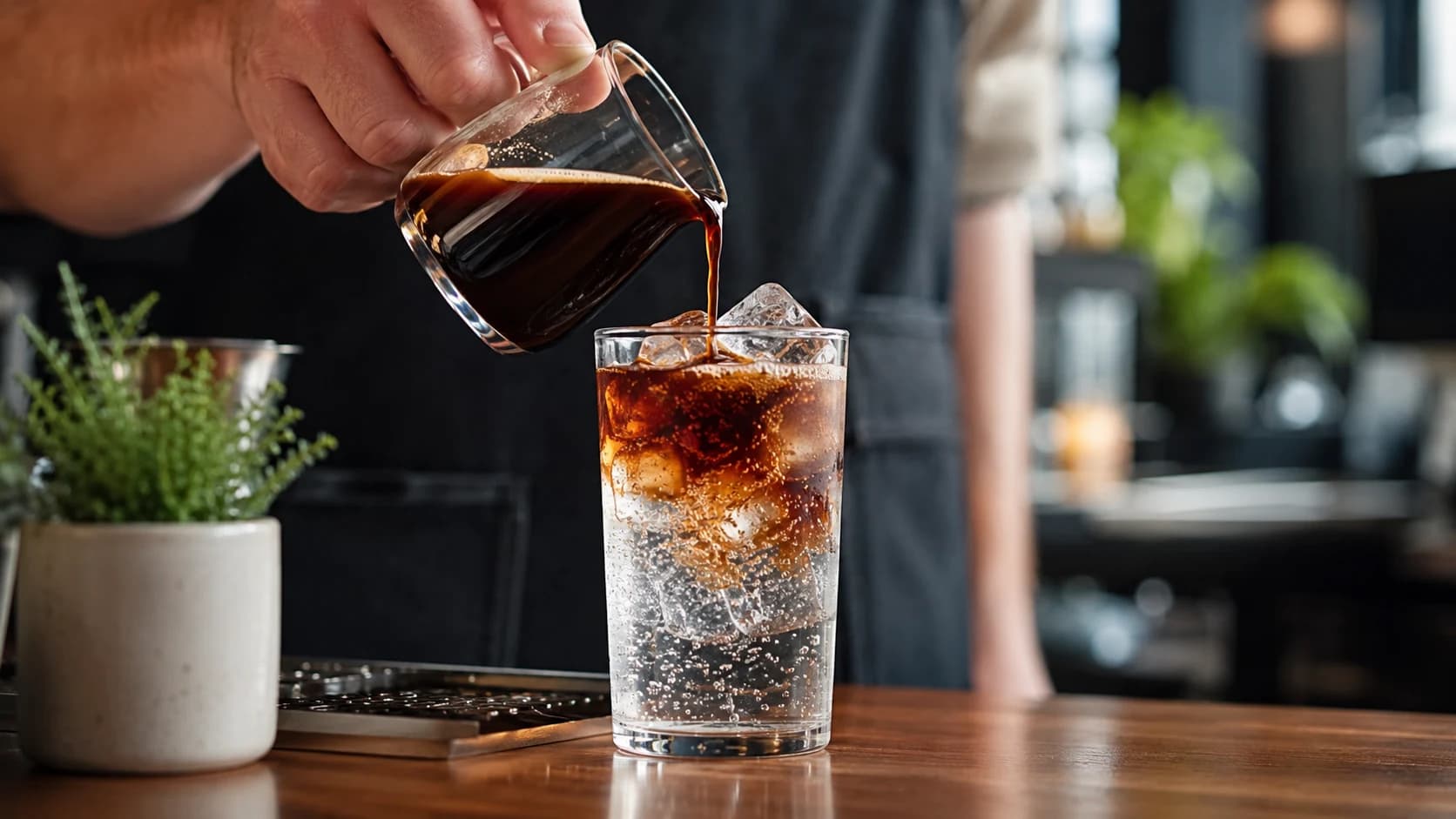 Espresso being poured slowly over sparkling water and ice for coffee soda