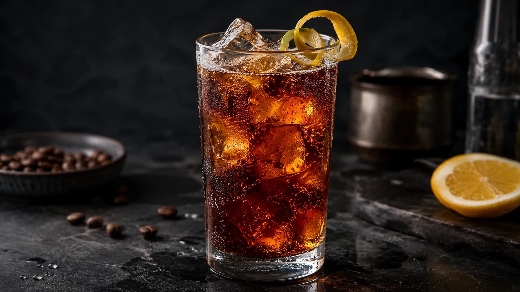 Sparkling coffee soda over ice with rising bubbles and a lemon twist