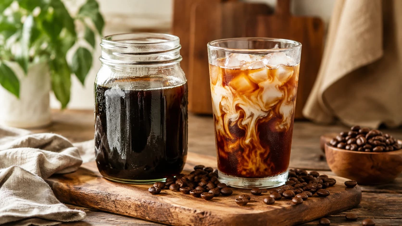 Cold brew concentrate in a mason jar beside iced cold brew and milk