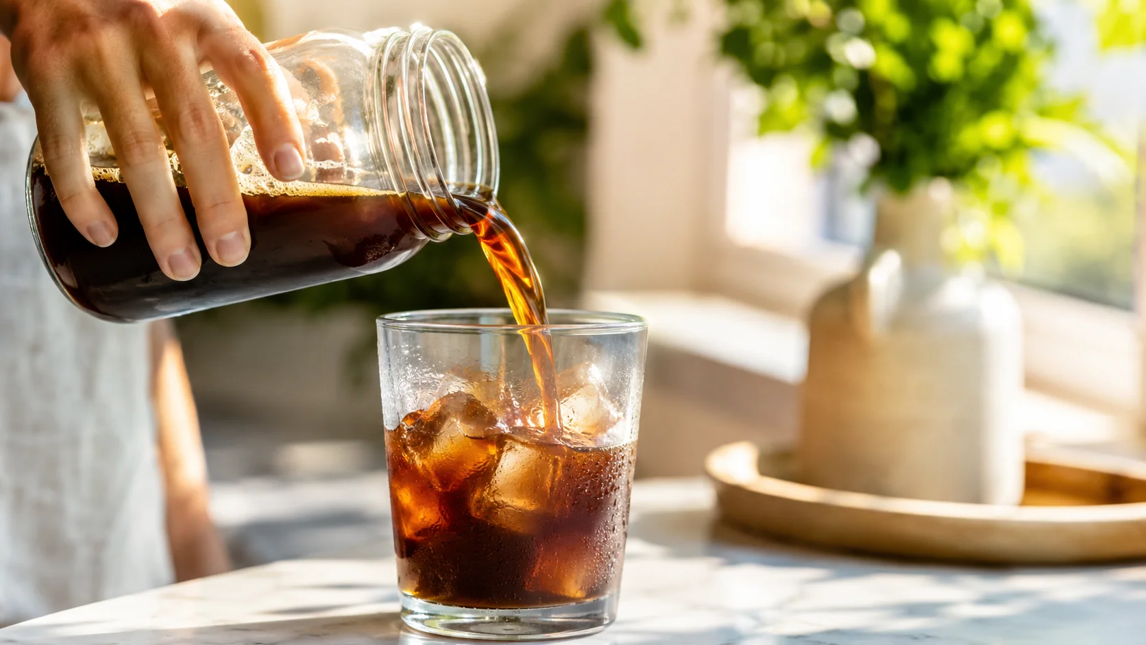 Filtered cold brew coffee being poured over ice in a clear glass