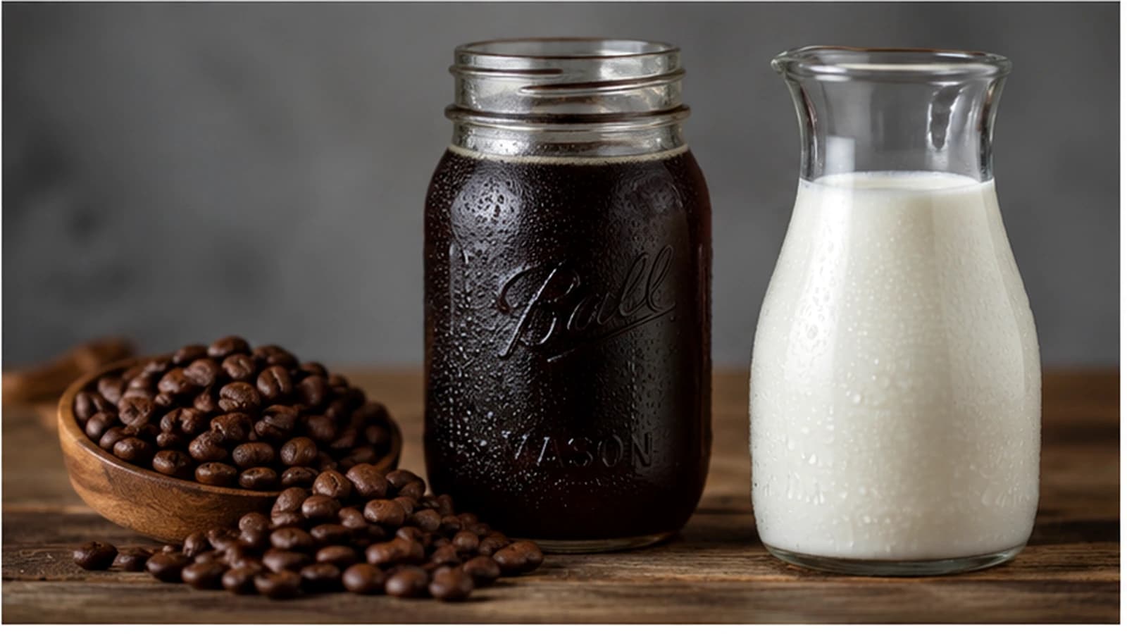 Refrigerated cold brew concentrate beside milk and roasted coffee beans