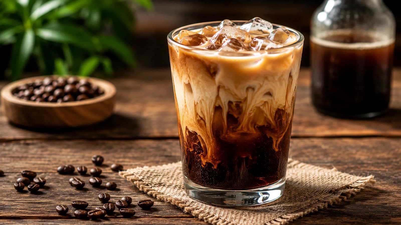 Cold brew latte with milk swirling through chilled coffee concentrate over ice