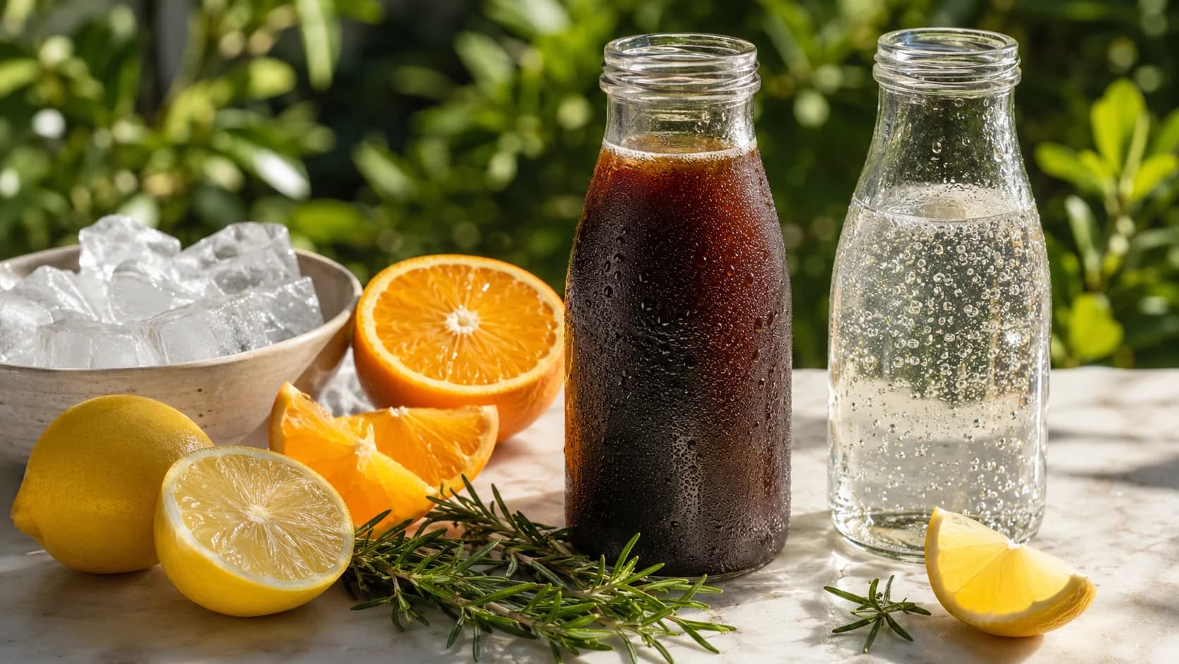 Cold brew tonic ingredients with cold brew, tonic water, citrus, herbs, and ice