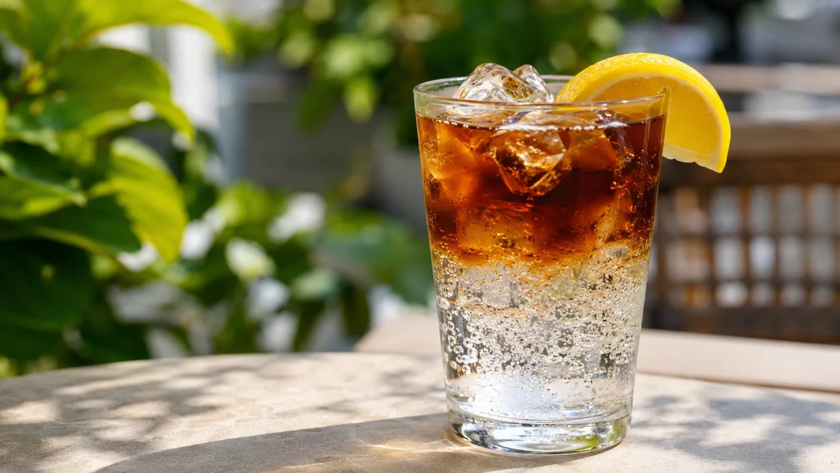 Cold brew tonic with layered cold brew, sparkling tonic, ice, and lemon