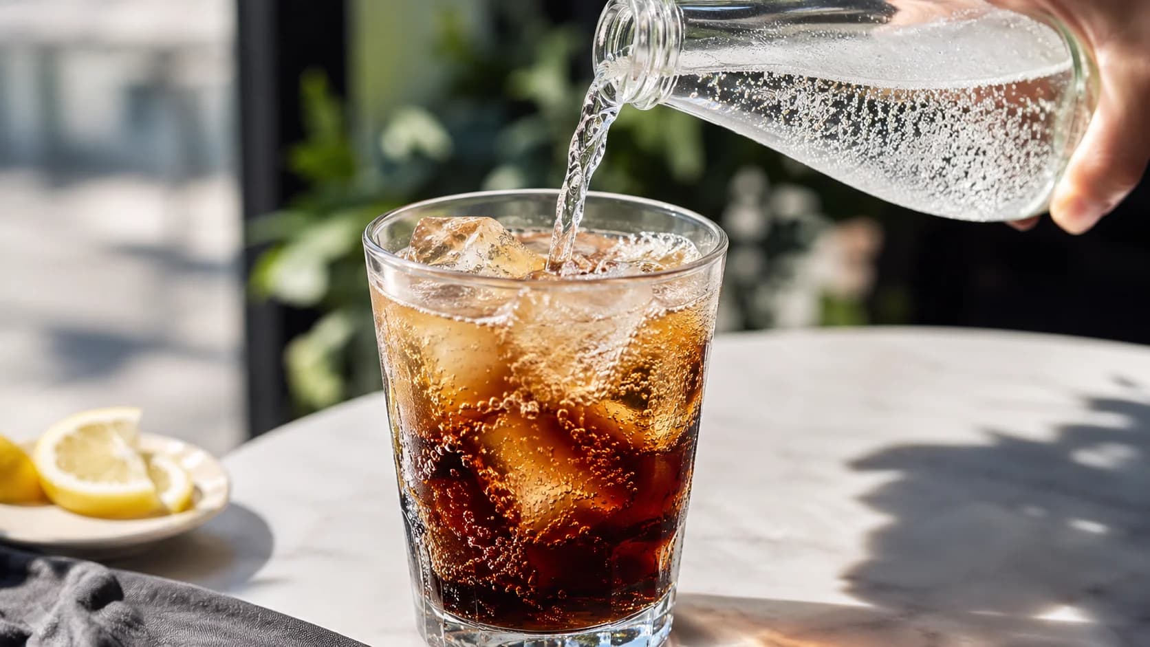 Tonic water being poured into iced cold brew tonic with lemon