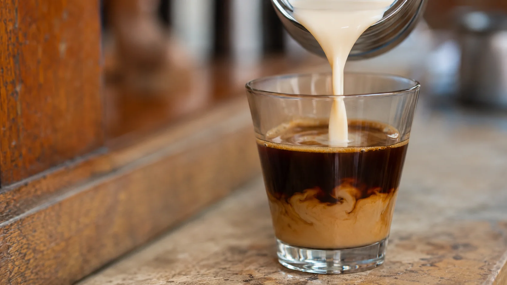 Steamed milk being poured into Cuban espresso to make a cortadito