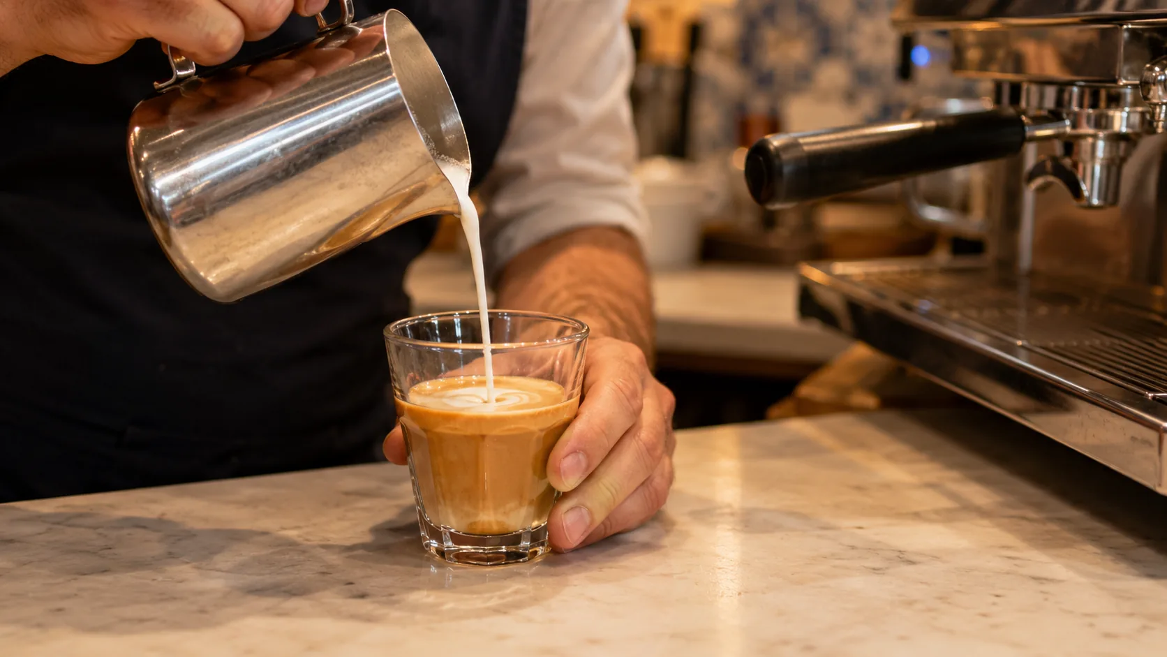 Steamed milk being poured into espresso in a small glass to make a cortado