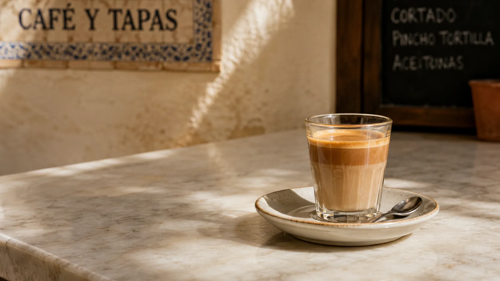 Cortado served in a small glass on a saucer in a Spanish cafe setting