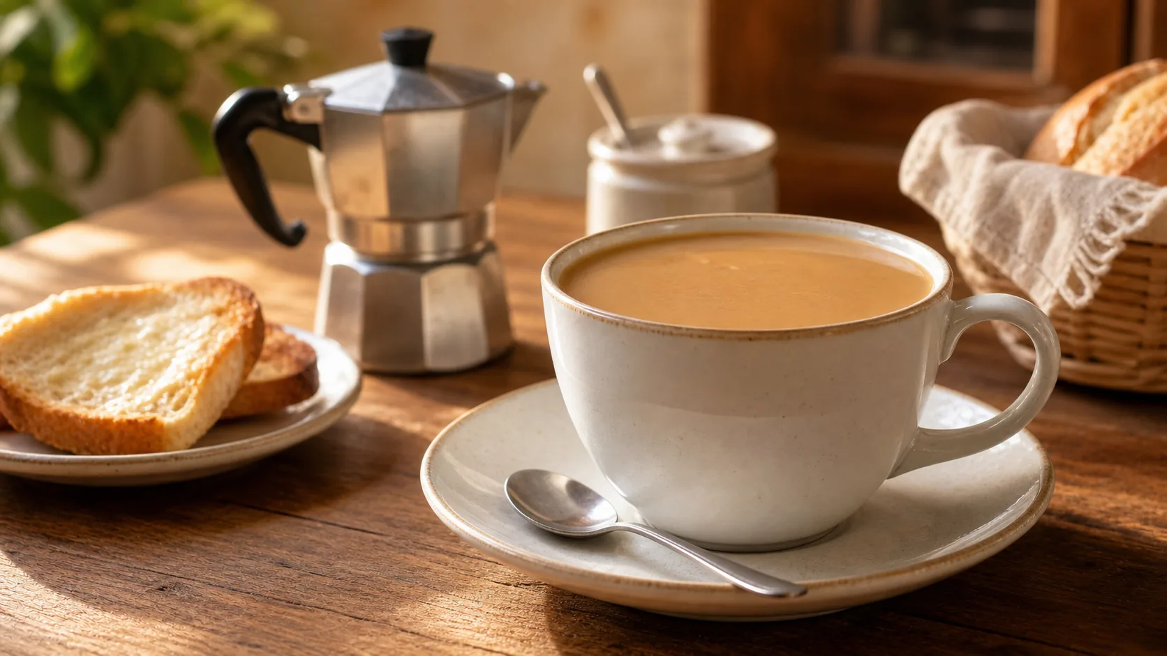 Cuban café con leche in a large cup with toast and a moka pot