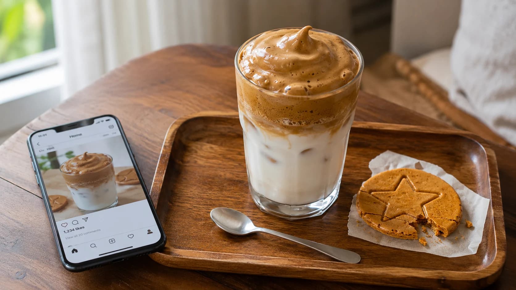 Dalgona coffee served on a tray with honeycomb toffee and a phone showing the drink