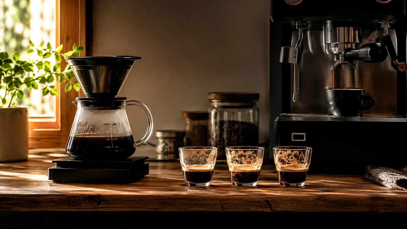 Dead Eye coffee preparation with filter coffee, espresso machine, and three espresso shots on a counter