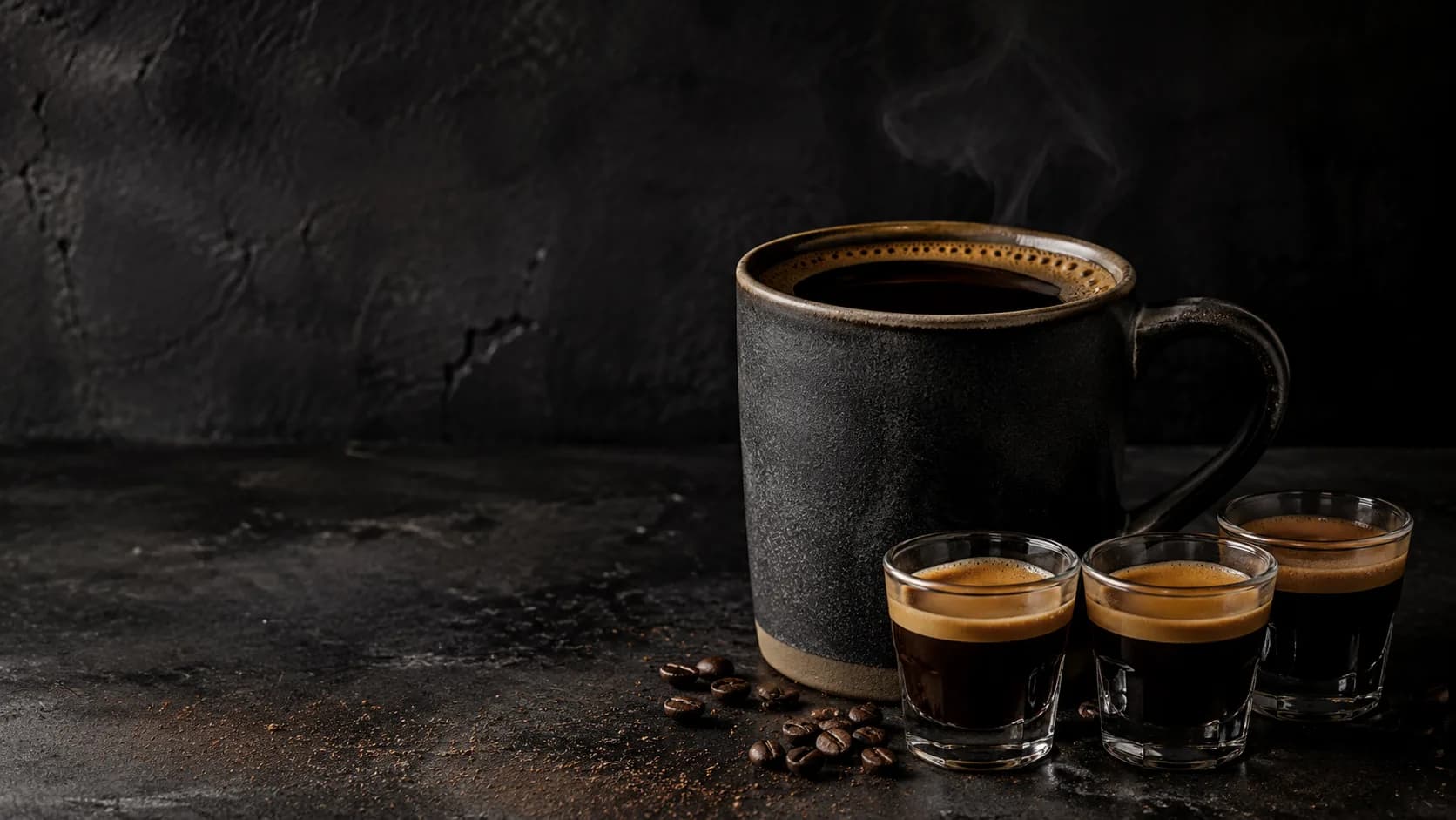 Dead Eye coffee with drip coffee mug and three espresso shots on a dark counter