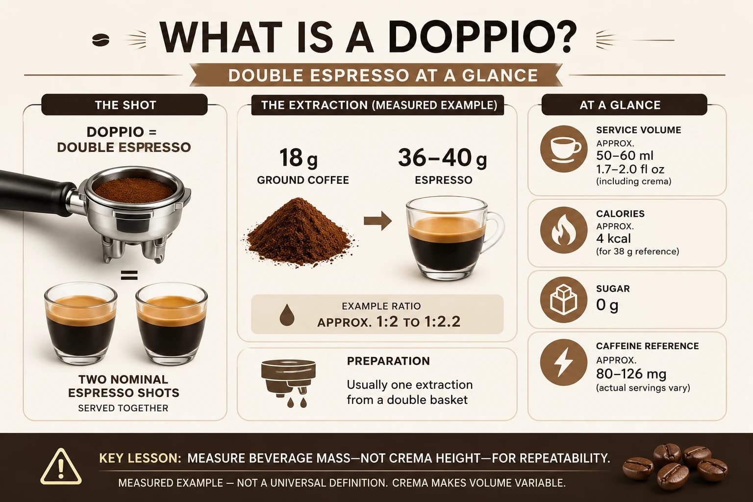 Doppio infographic showing an 18 gram coffee dose, 36 to 40 gram espresso yield, serving volume, calorie estimate, and caffeine range