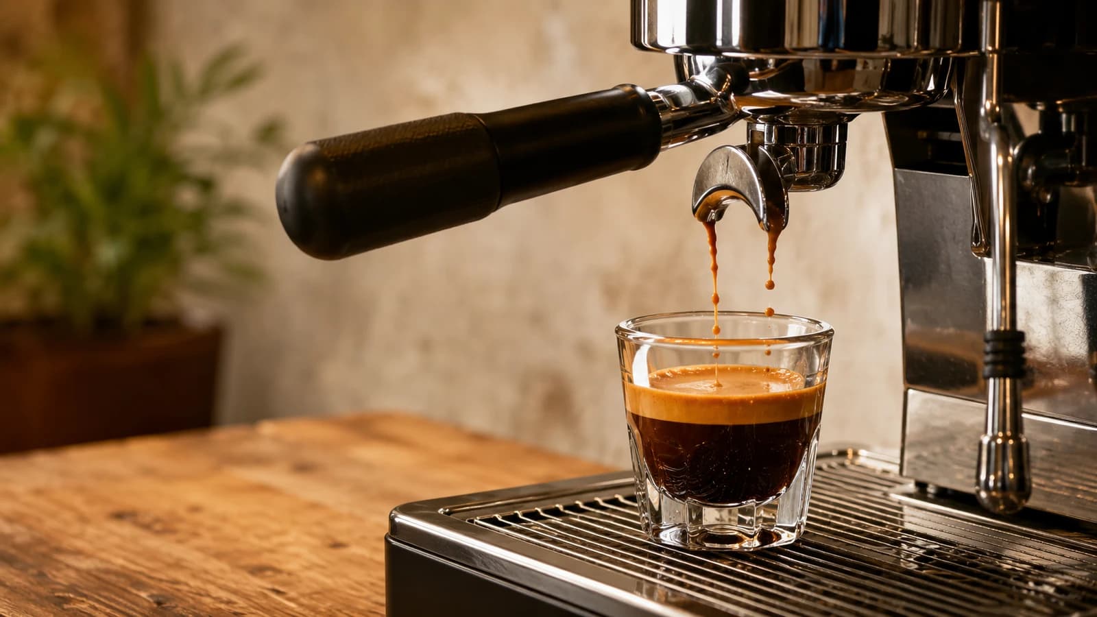 Doppio double espresso pouring from a split-spout portafilter into a clear glass