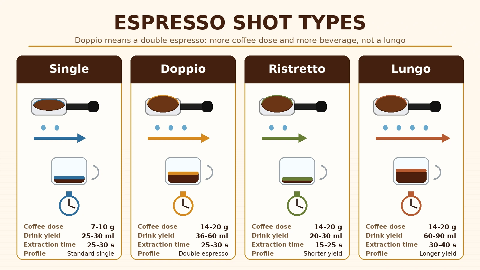 Espresso shot types infographic comparing single, doppio, ristretto, and lungo by coffee dose, drink yield, extraction time, and flavor profile