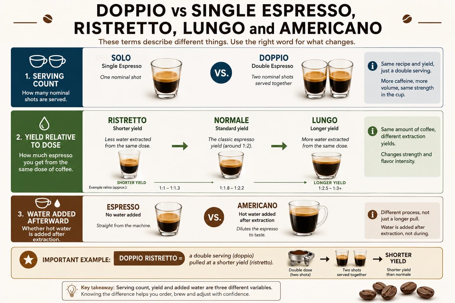 Infographic comparing doppio with single espresso, ristretto, normale, lungo, and Americano by serving count, espresso yield, and water added after extraction