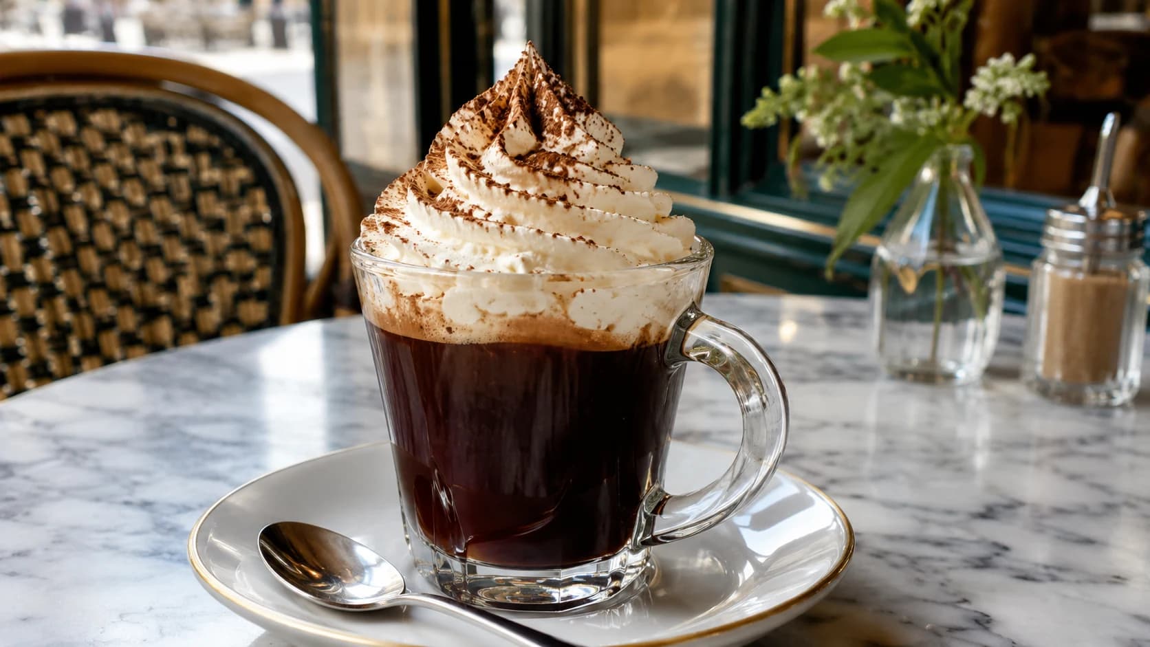 Einspanner coffee in a glass mug topped with a tall cap of whipped cream