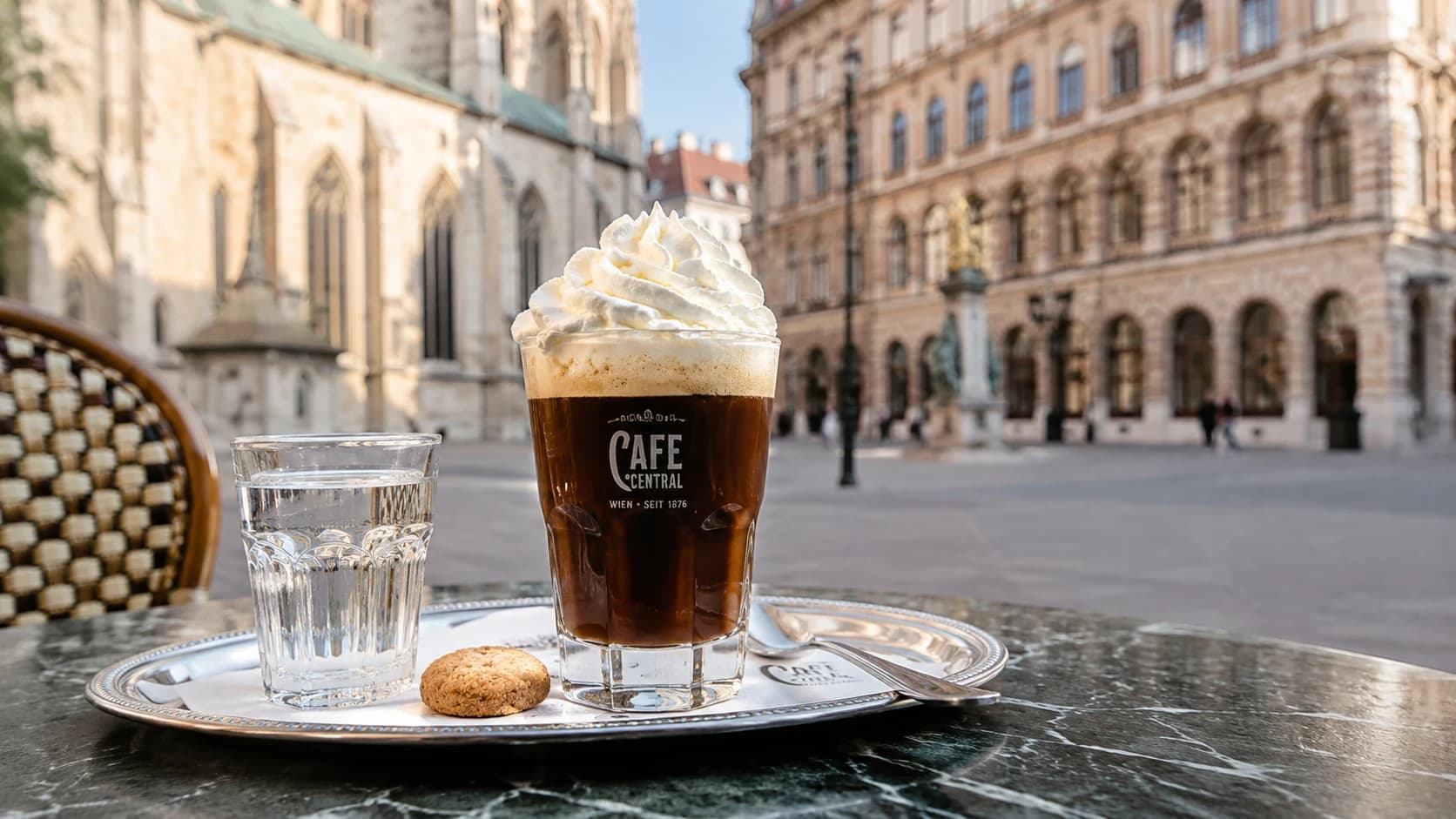 Einspanner coffee with whipped cream served outside a traditional Vienna cafe
