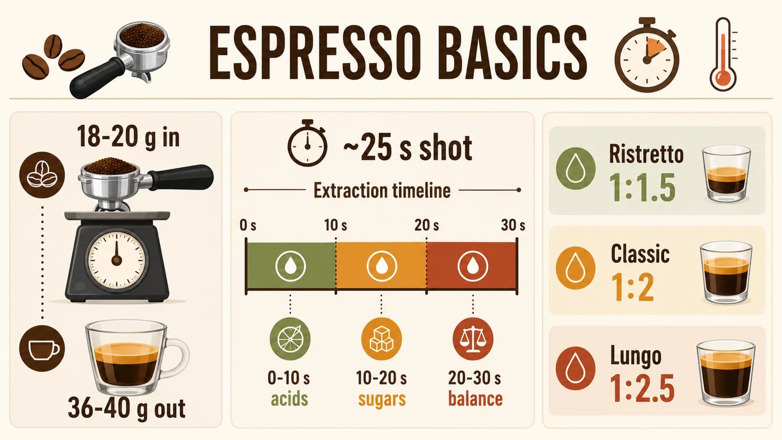 Espresso basics infographic showing 18 to 20 grams in, 36 to 40 grams out, a 25 second extraction timeline, and ristretto, classic espresso, and lungo ratios