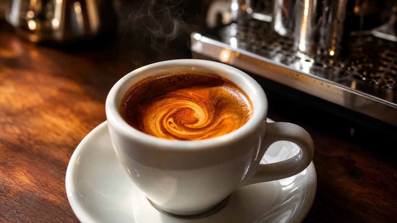 Fresh espresso with golden crema in a white ceramic cup beside an espresso machine.