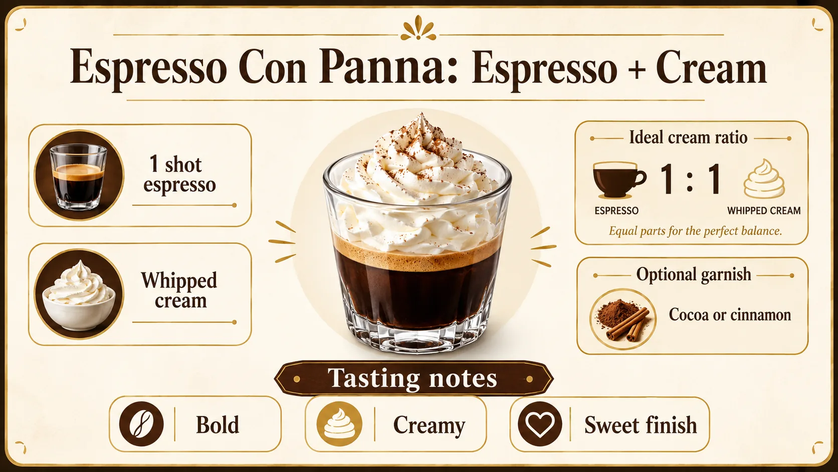 Espresso con panna infographic showing espresso, whipped cream, ratio, garnish, and tasting notes