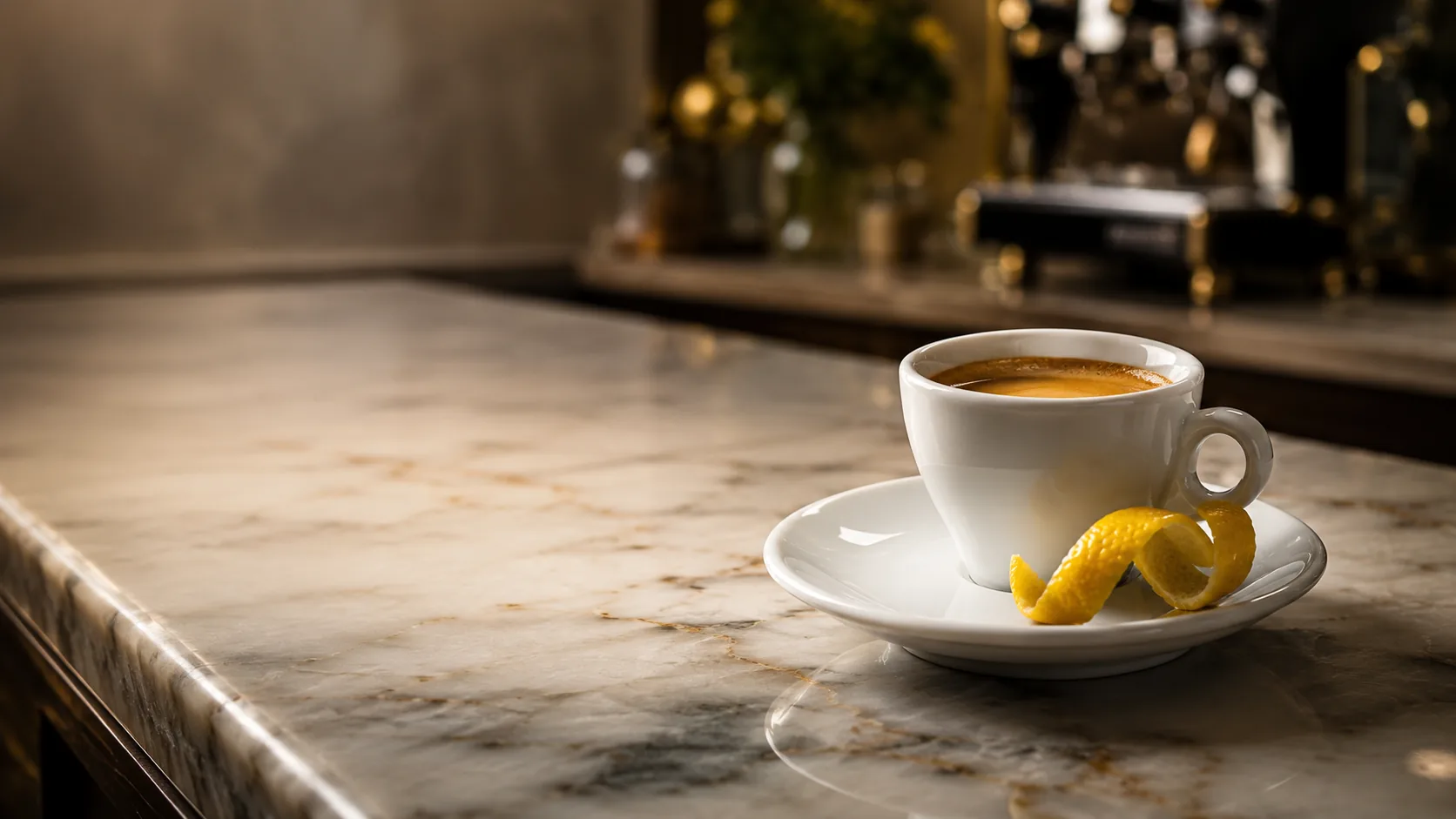 Espresso Romano with lemon peel beside an espresso cup on a marble counter
