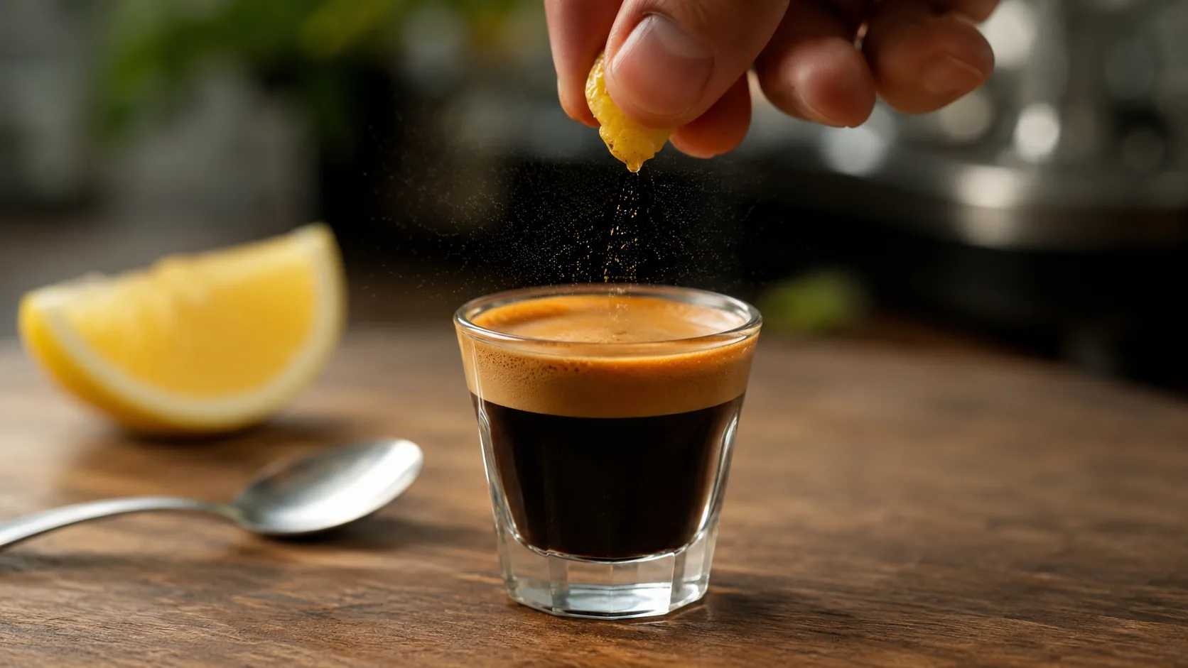 Lemon peel oils being expressed over espresso for Espresso Romano