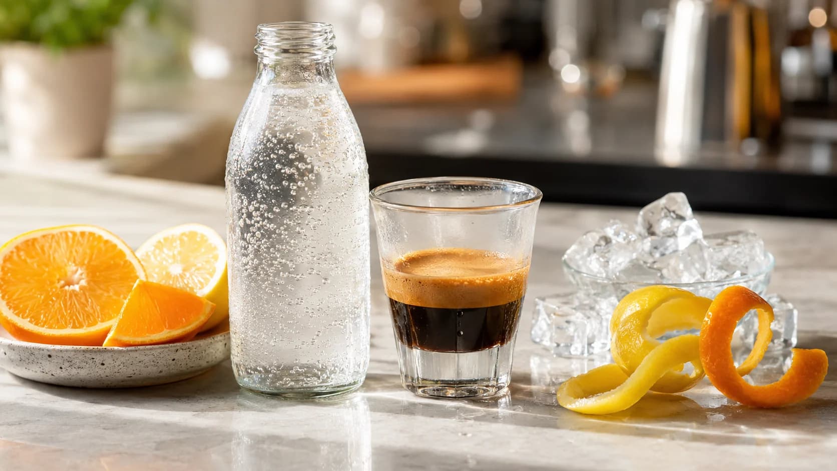 Espresso tonic ingredients with espresso, tonic water, citrus peel, ice, and orange slices